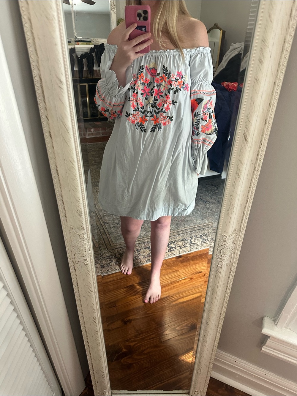 Free People Off-Shoulder Light Gray Dress with Pink & Coral Floral Embroidery
